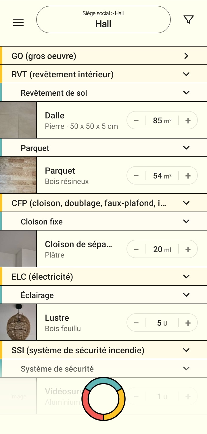 Inventaire des matériaux par catégorie dans l'application de diagnostic PEMD DiagApp